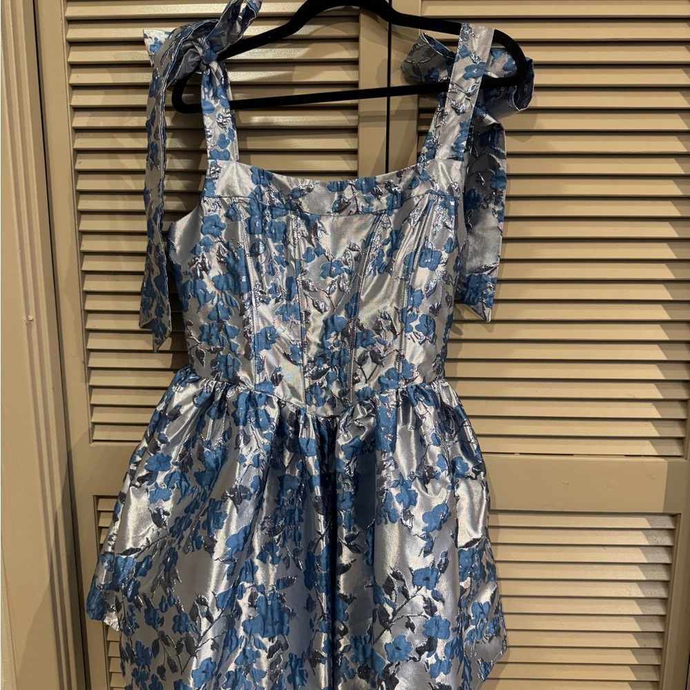 Blue and Silver Jacquard Mini Dress